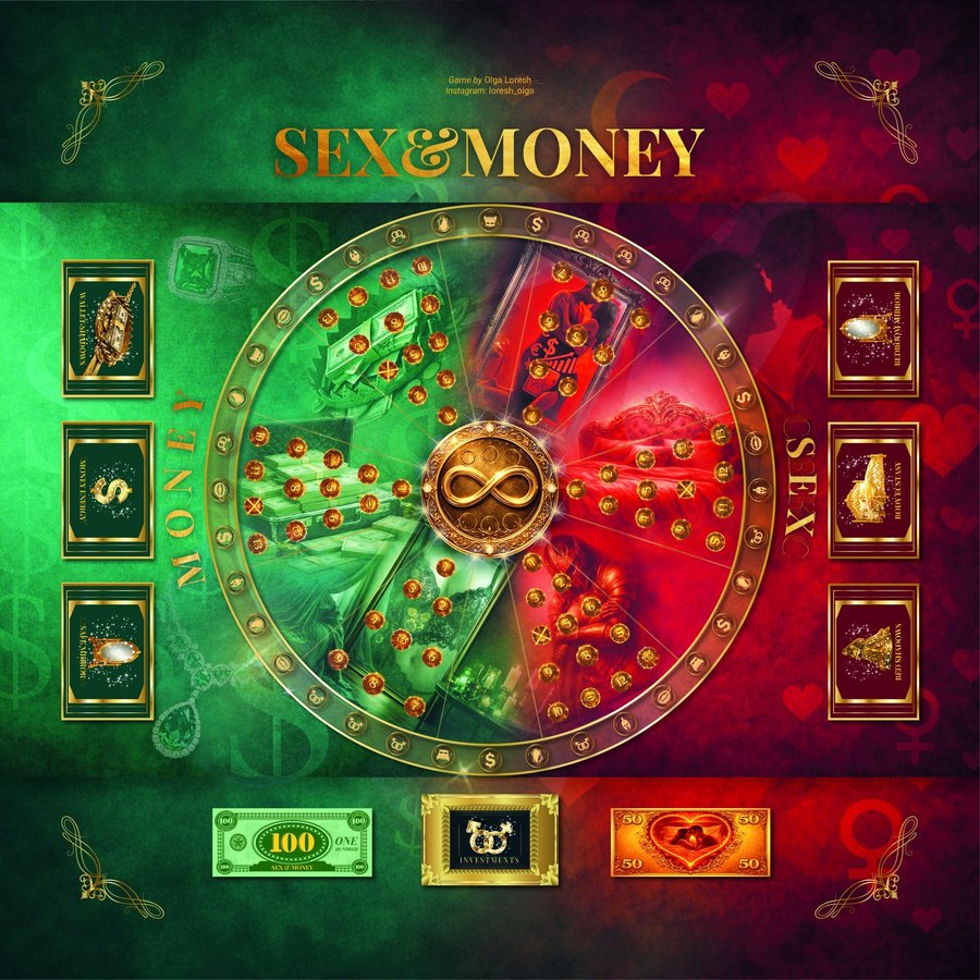 The Sex&Money board: a circle split into a green money hemisphere and a red desire hemisphere, with a gold infinity mark at the centre.