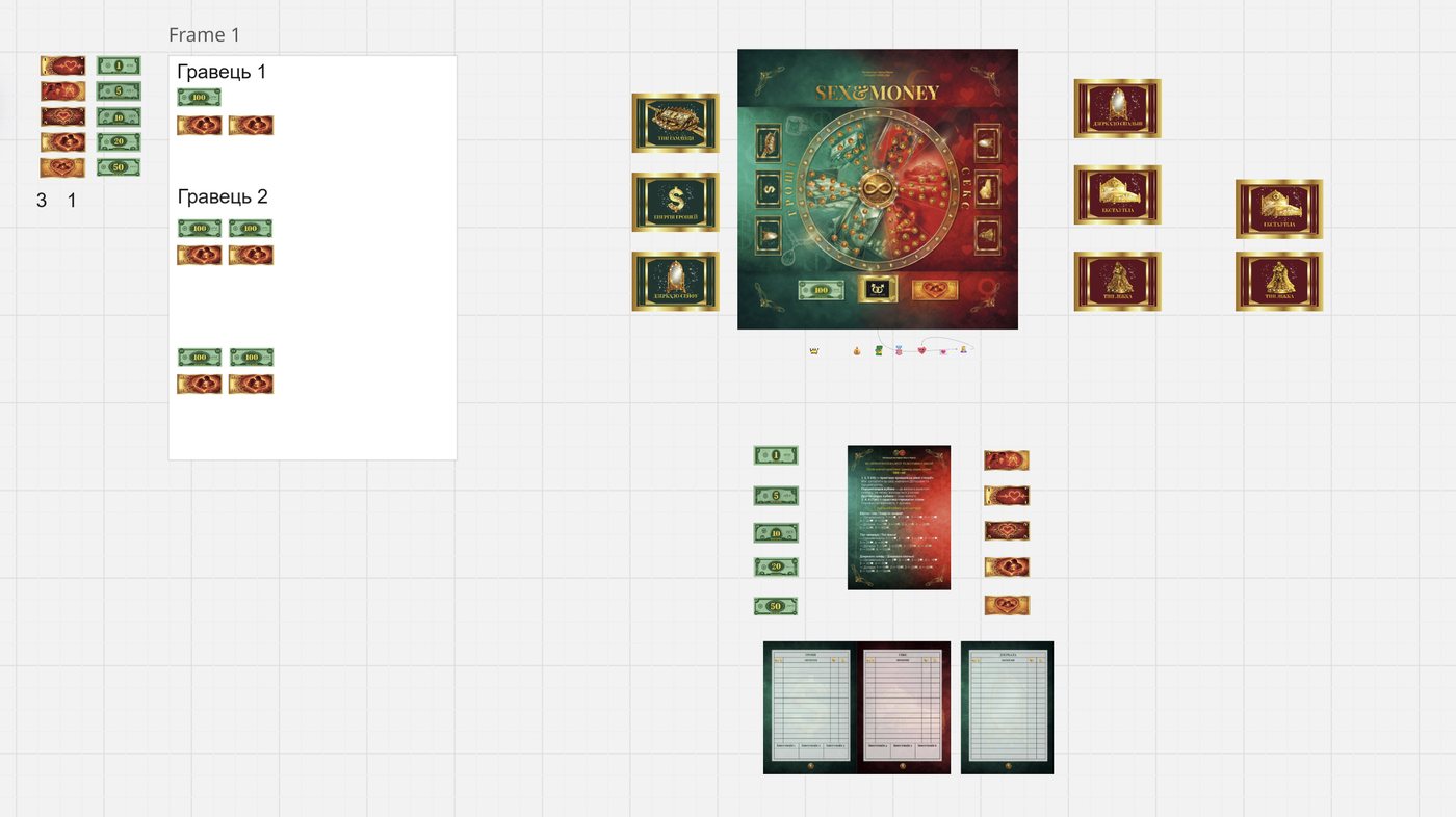 The Sex&Money board laid out in Miro: the round field, the nine decks around it, game banknotes, the rules card and a working area for each player.