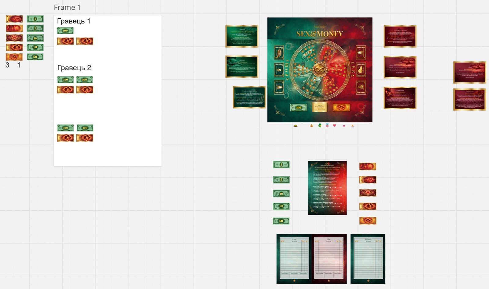 The Sex&Money game laid out on one Miro board: the round field, cards spread around it, banknotes, the rules card, worksheets and an area for each player.